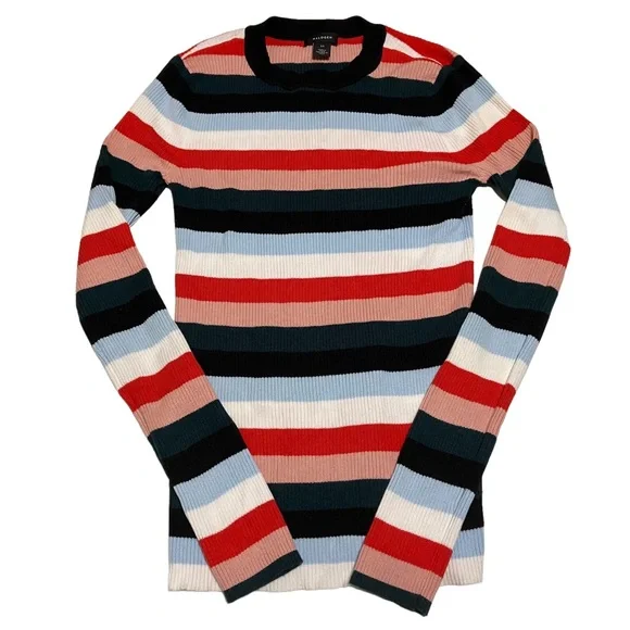 Halogen Striped Ribbed Crewneck Slim Fit Sweater